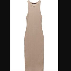 Zara Ribbed Knit Midi Dress Beige Sz. L NWT